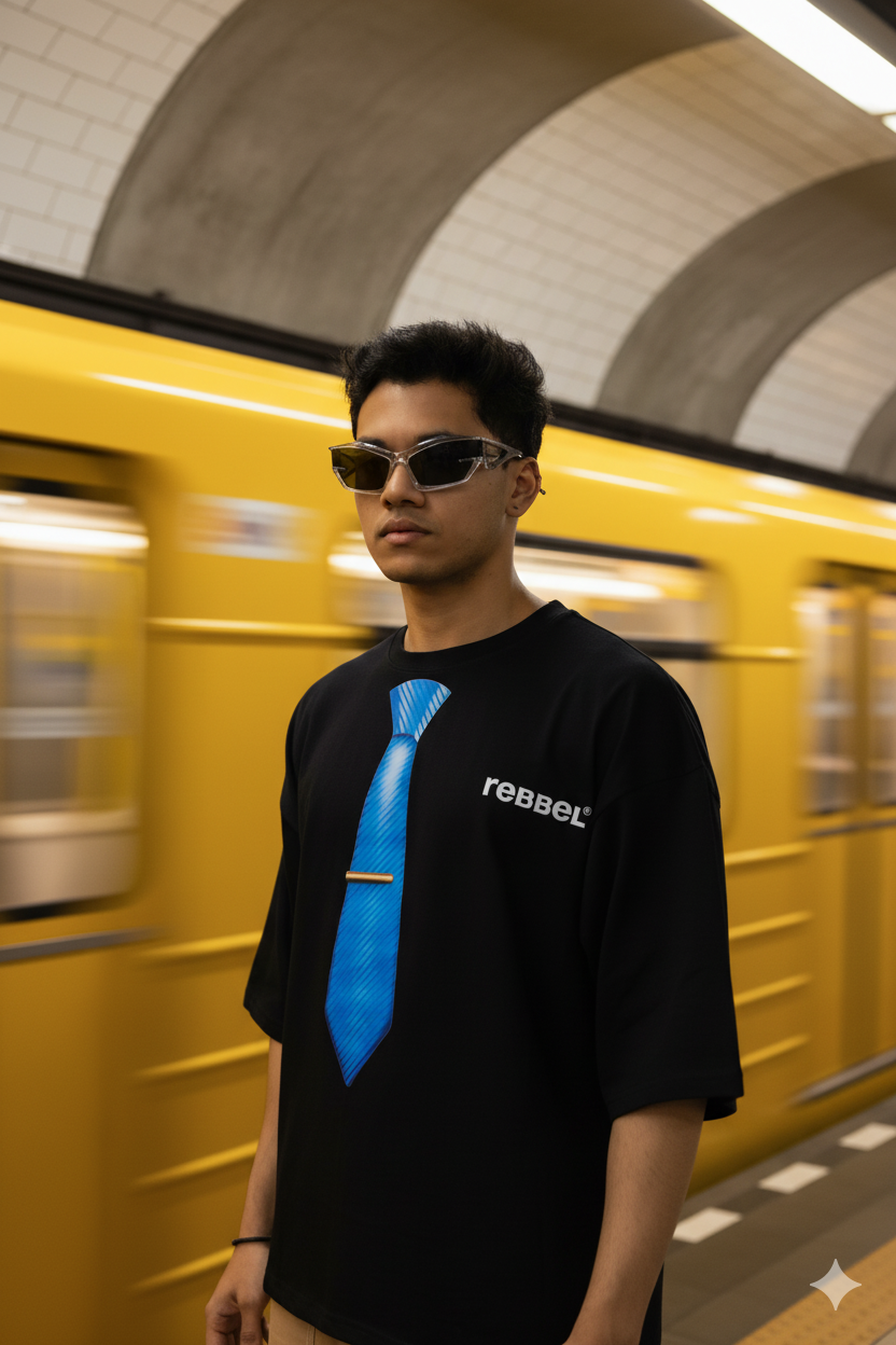 Person wearing a black t-shirt with a blue tie graphic and 'rebel' text, standing in a subway station.