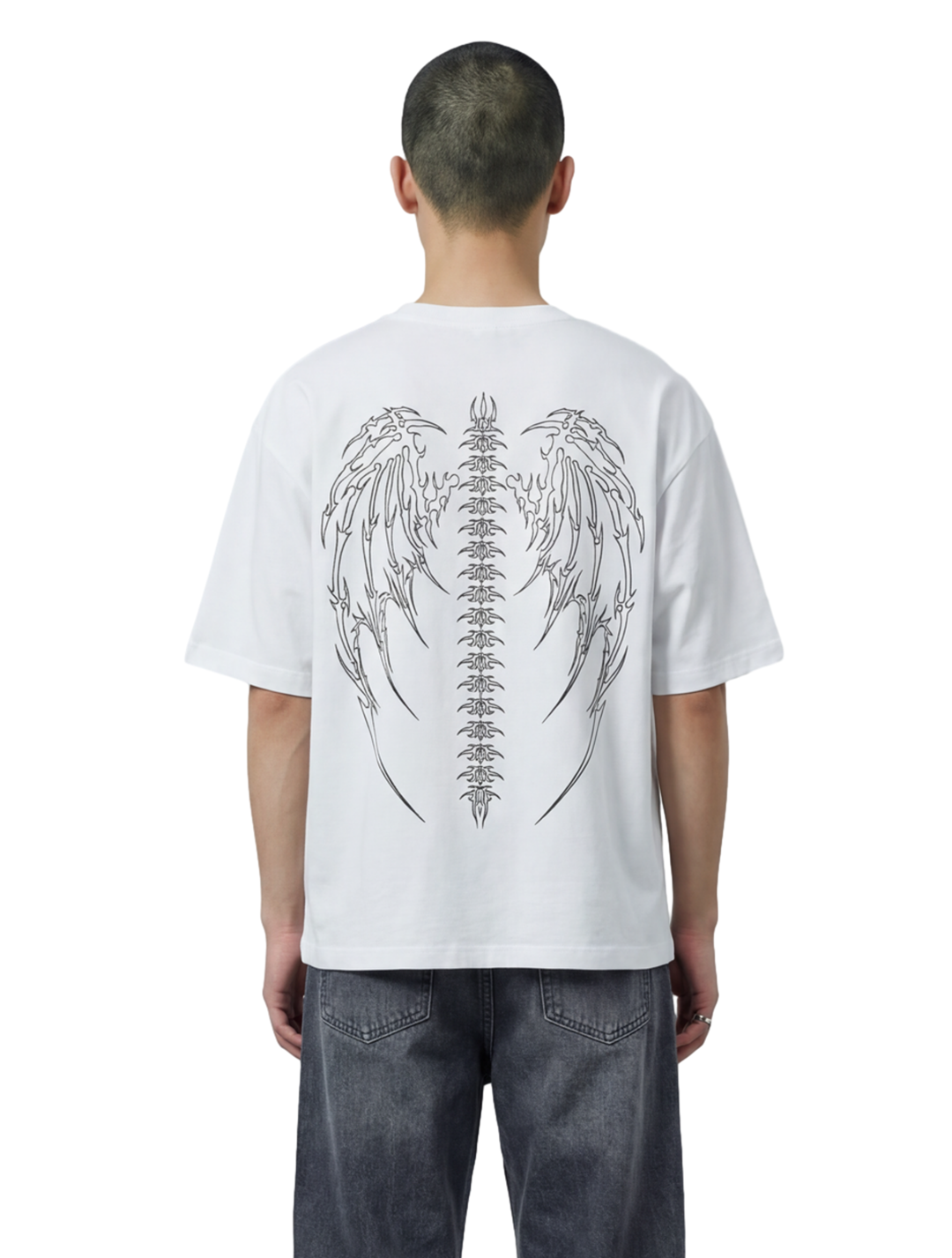 Person wearing a white t-shirt with a black design on the back, standing against a white background