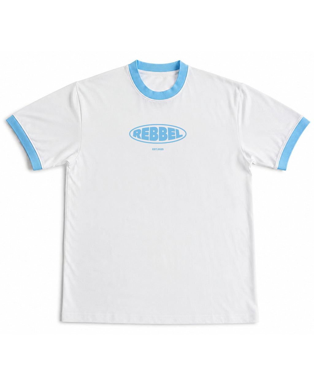 White & Sky Blue Ringer tee Front Design