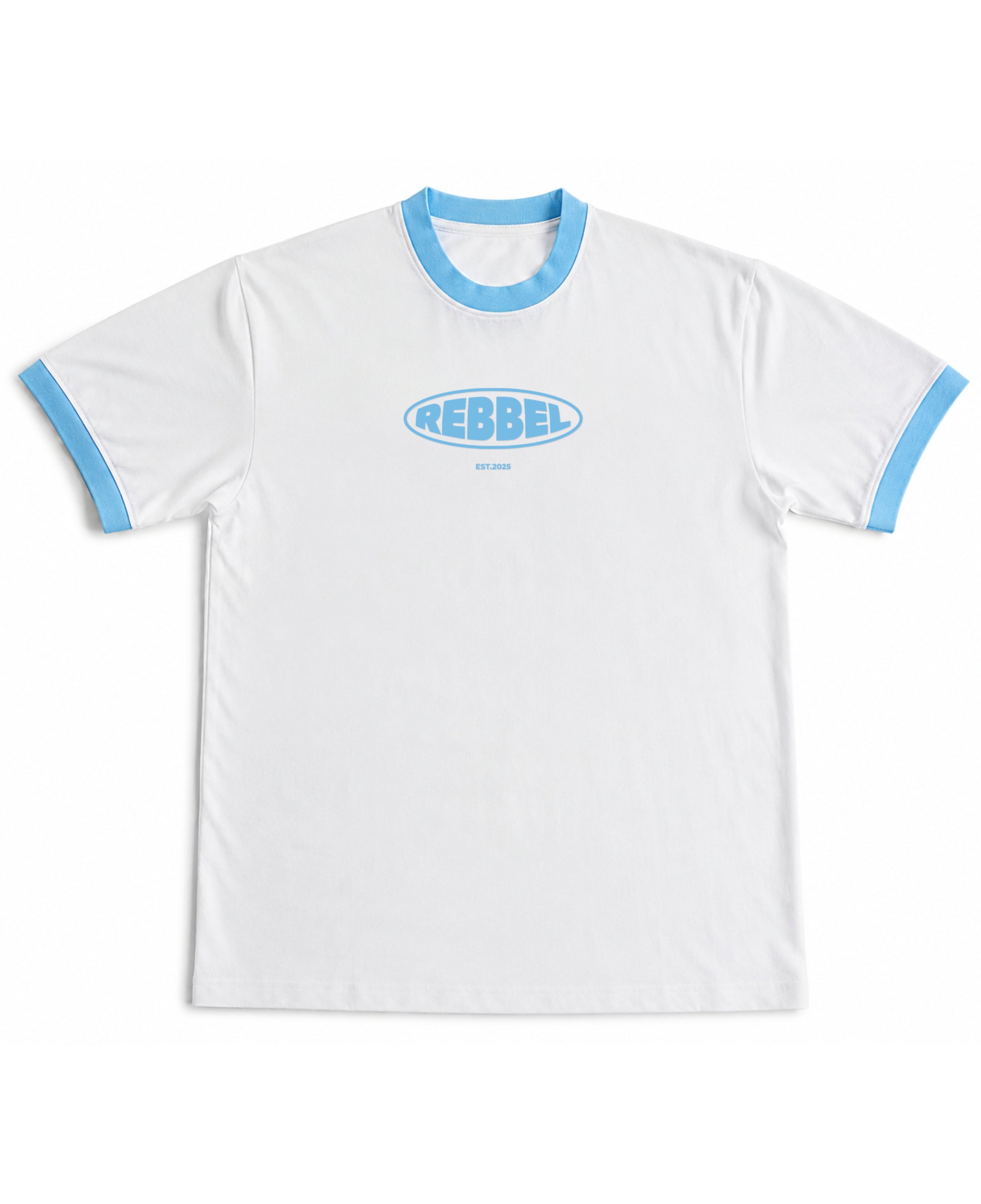 White & Sky Blue Ringer tee Front Design
